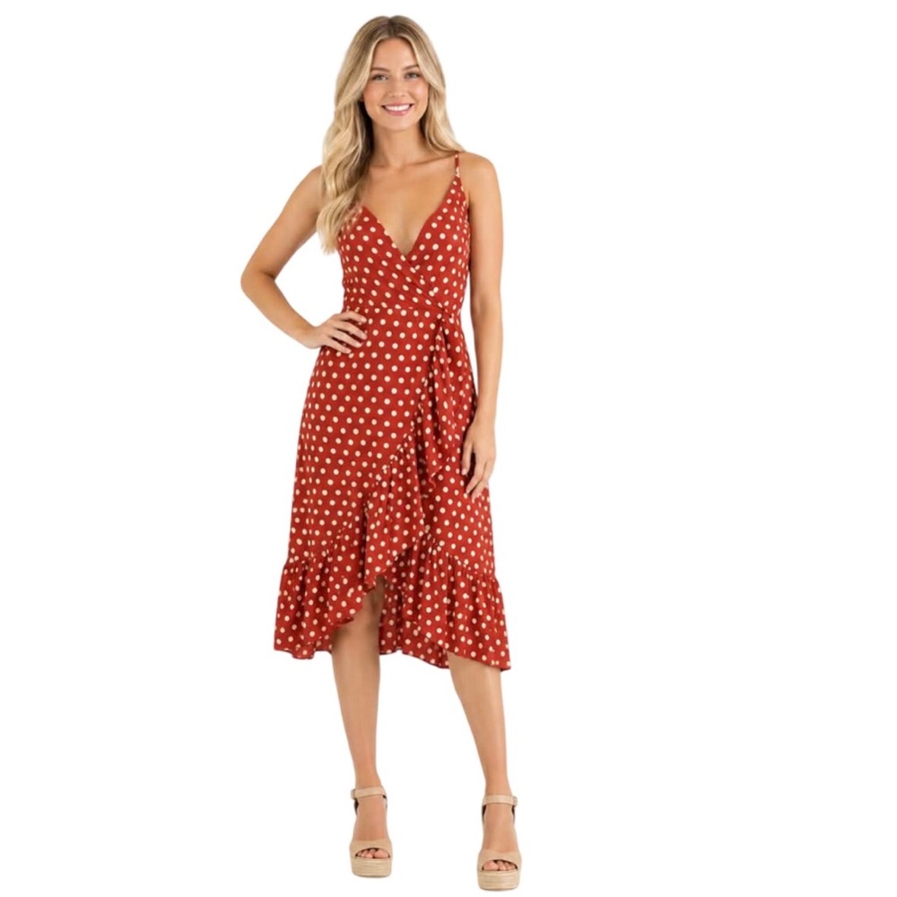 JOA Polka Dot Faux Wrap Ruffled Hem Spaghetti Strap Dress Size Small